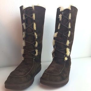 UGG Tularosa Tall Lace Up Boots Women Sz 9 Brown Suede Leather Sheepskin•*🍂